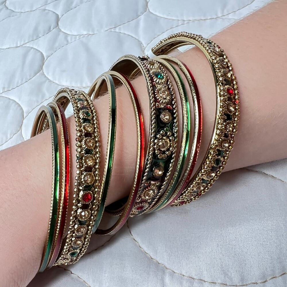 Indian 9 Bangle Bracelets Ethnic Bollywood Gold Red Green Party Holiday Jewelry